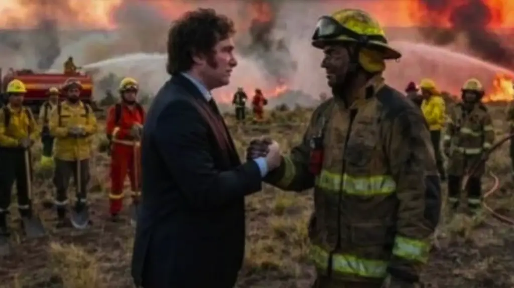 Milei agradeció a bomberos de la Patagonia con una foto trucha