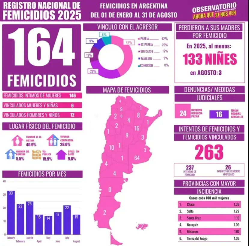 Se registraron 164 femicidios en lo que va del 2025